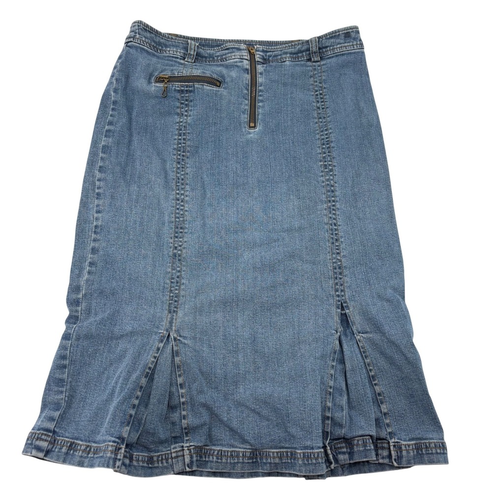 Doncaster Sport Blue Denim Midi Skirt Size 6 Pleated Hem Front Zip Stretch